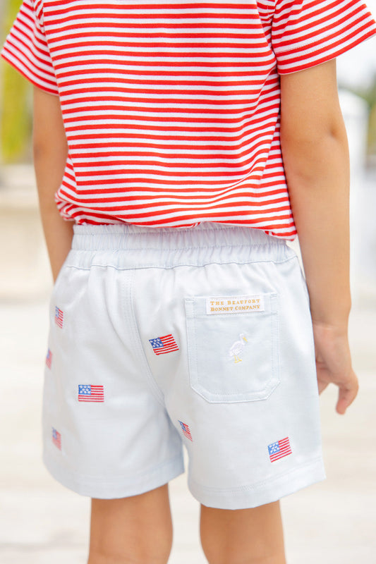 Critter Sheffield Shorts | Buckhead Blue & American Flag Embroidery With Multicolor Stork