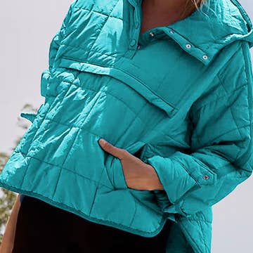 Quilted Pullover Jacket with Hood | Turquoise