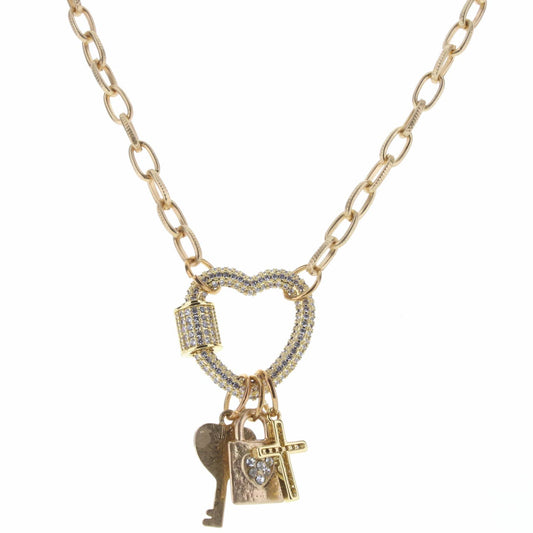 Kids 14" Gold Heart Carabiner, Lock, Key Charms Necklace