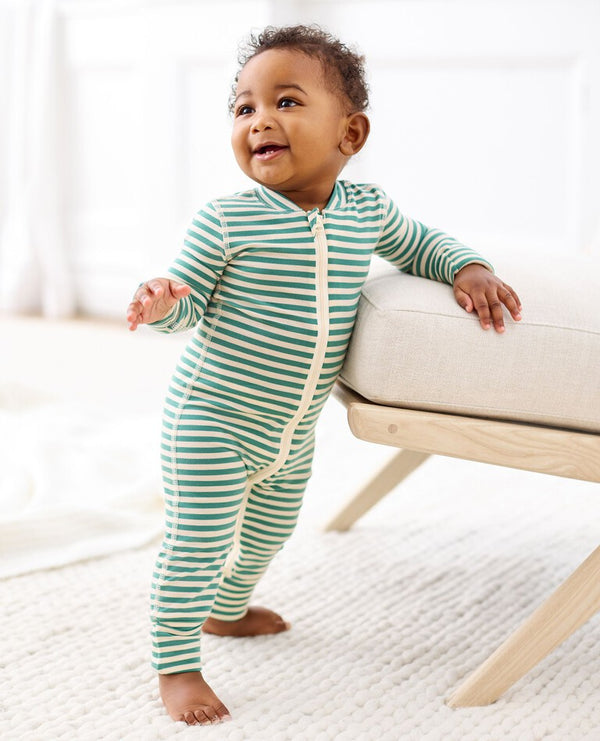 Baby Striped 2-Way Zip Sleeper in HannaSoft | Ecru/Soft Sage