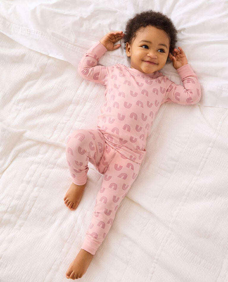 Kids Long John Pajama Set in HannaSoft | Blush Pink Rainbow