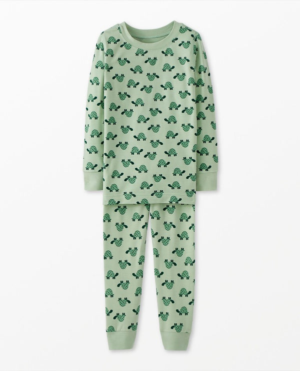 Kids Long John Pajama Set in HannaSoft | Mini Turtle on Seafoam