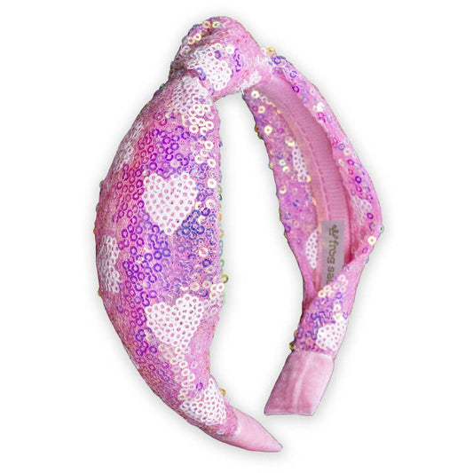 Kids Knot Headband - Pink Sequin Heart Valentine's Day