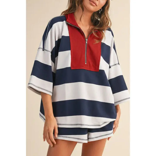 Quarter Zip Stripe Set | Blue/White Stripe