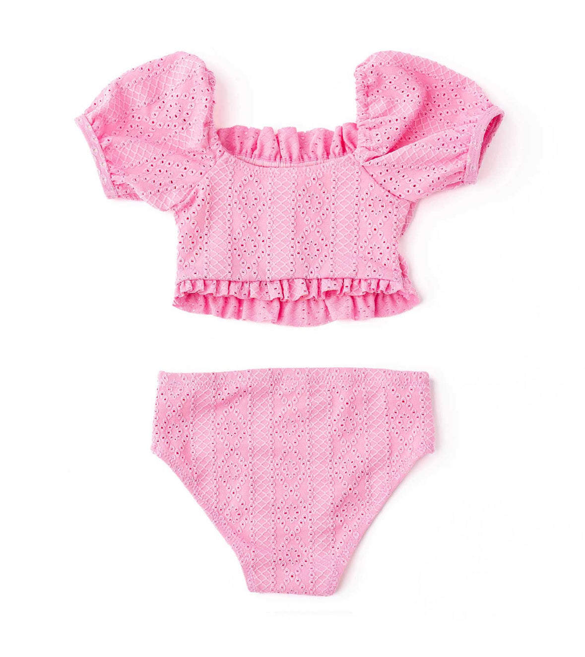 Eyelet Smocked Puff Sleeve Girls Two-Piece Swimsuit | Pink