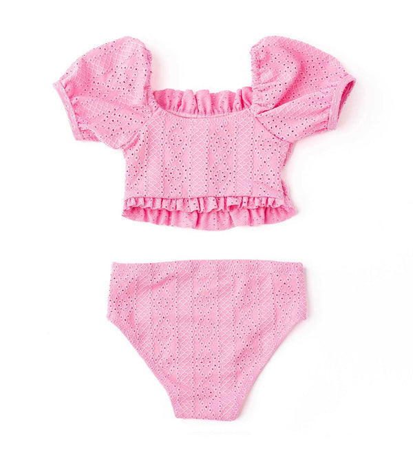 Eyelet Smocked Puff Sleeve Girls Two-Piece Swimsuit | Pink