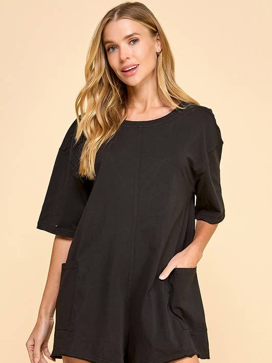 Round Neckline Side Pockets Loose Fit Romper | Black
