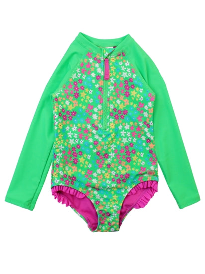 Girls Neon Floral Long Sleeve Rash Guard One Piece | Green