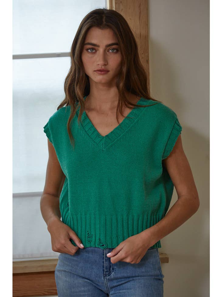 Knit Sweater Distressed V-Neck Sleeveless Vest