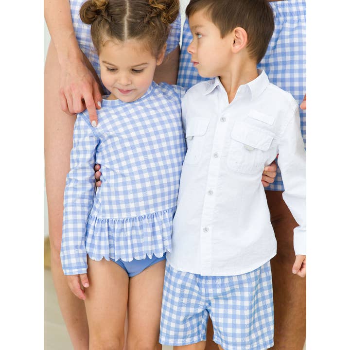 Periwinkle Blue Gingham Scalloped Long Sleeve Rash Guard 2-Piece