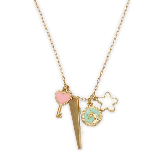 Kids 14" Pink Key, Unicorn, Star Charm Cluster Necklace