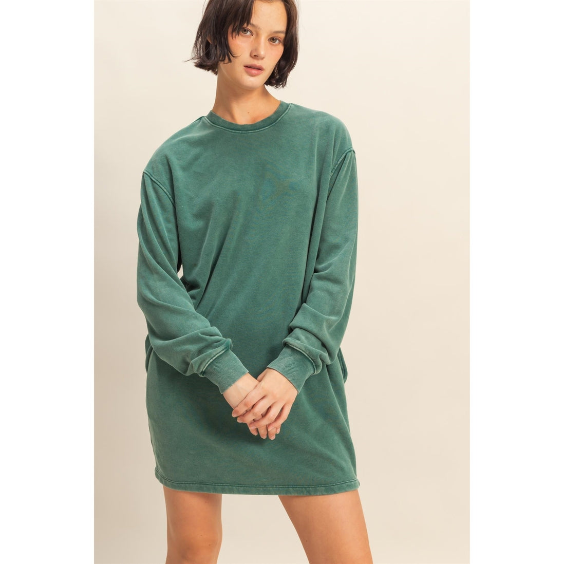 Mineral Washed Oversized Mini Sweatshirt Dress | Dark Green