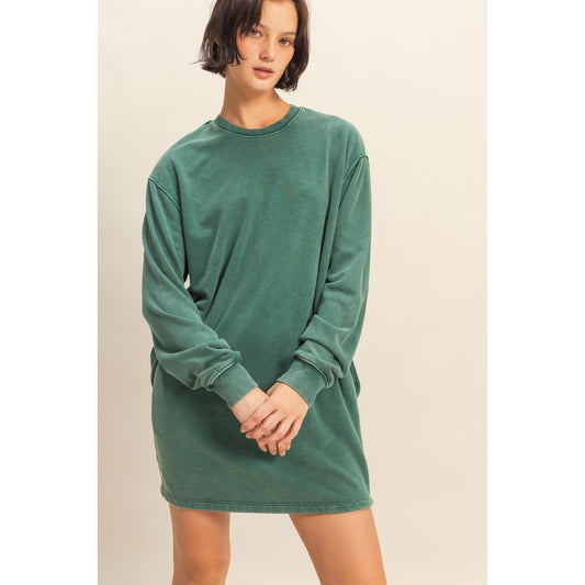 Mineral Washed Oversized Mini Sweatshirt Dress | Dark Green