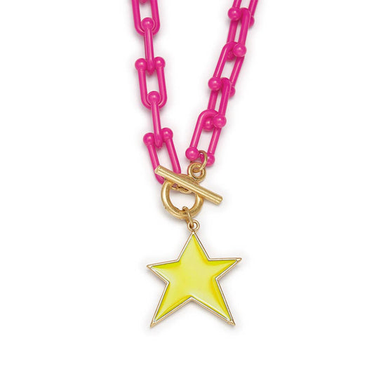 Kids 15" Yellow Star Charm with Hot Pink Chain Necklace