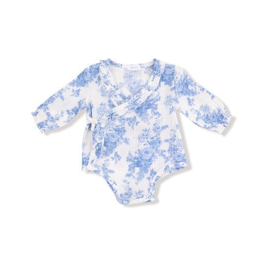 Dream Cottage Floral Blue | Long Sleeve Kimono Bodysuit with Ruffle + Elastic Cuff