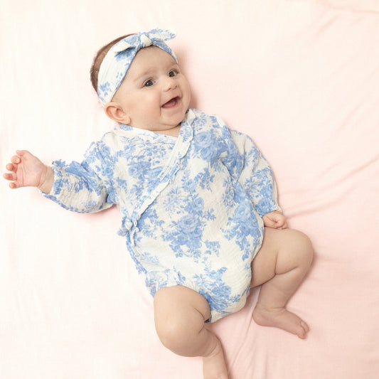 Dream Cottage Floral Blue | Long Sleeve Kimono Bodysuit with Ruffle + Elastic Cuff
