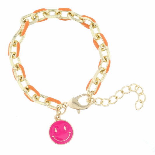 Kids Orange Chain and Hot Pink Happy Face Disc Bracelet