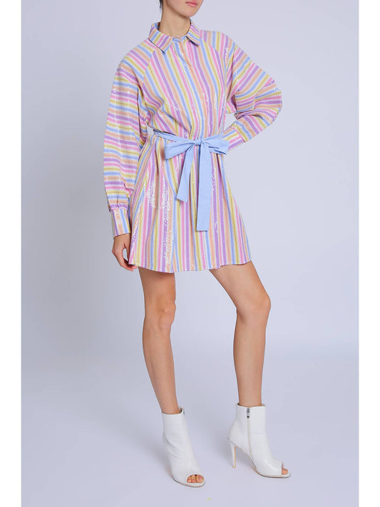 Sequined Multicolor Striped Midi Shirt Dress