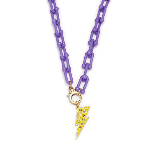 Kids 15" Rhinestone Bolt Charm with Purple Chain Necklace