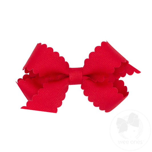 Mini Grosgrain Hair Bow with Scalloped Edge | Red