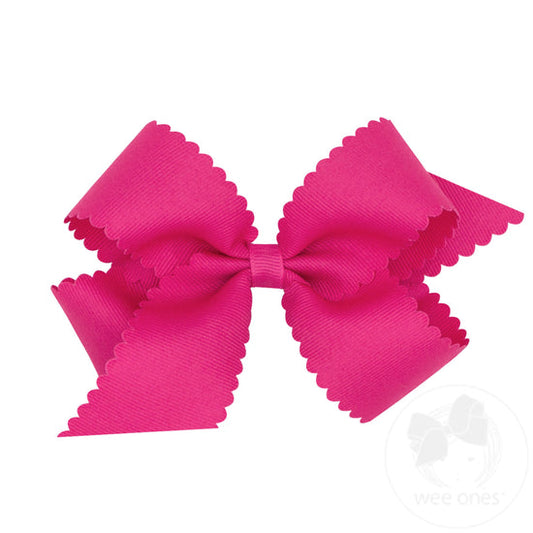 Medium Grosgrain Scalloped Edge Girls Hair Bow | Shocking Pink
