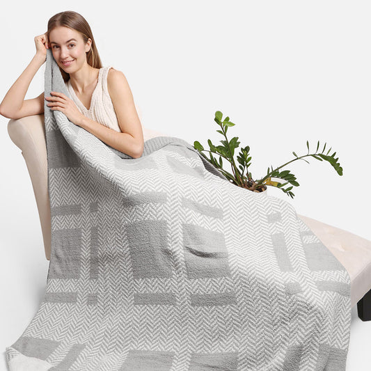 Stripe Herringbone Print Luxury Soft Throw Blanket | Grey