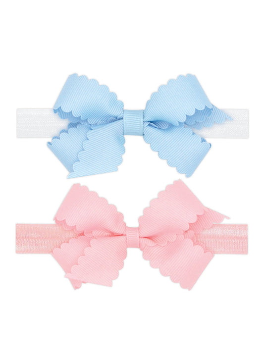 Two Mini Scallop Girls Hair Bows With Bands | Light Pink & Baby Blue