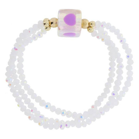 White Beaded + Lavender Hearts Bracelet