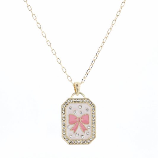 Kids 14" Light Pink Enamel with Crystals & Pink Bow Necklace