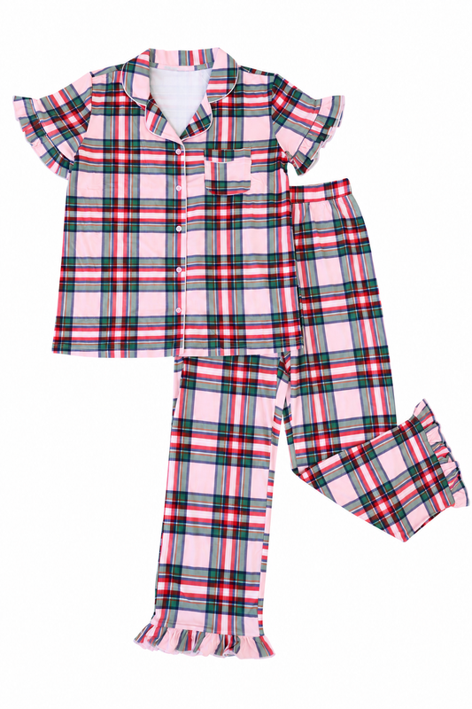 Adult Pant Ruffle Set | Christmas Plaid Pink