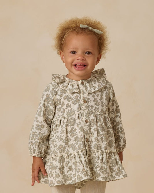 RUFFLE COLLAR BUTTON DRESS || GREEN FLORAL