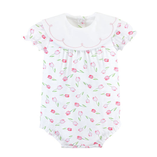 Embroidered Printed Bib Bubble | Baby Tulips Pink