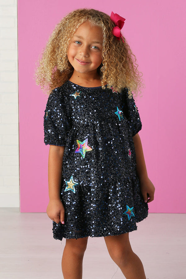 Sequin Dress with Star Ptaches | Navy