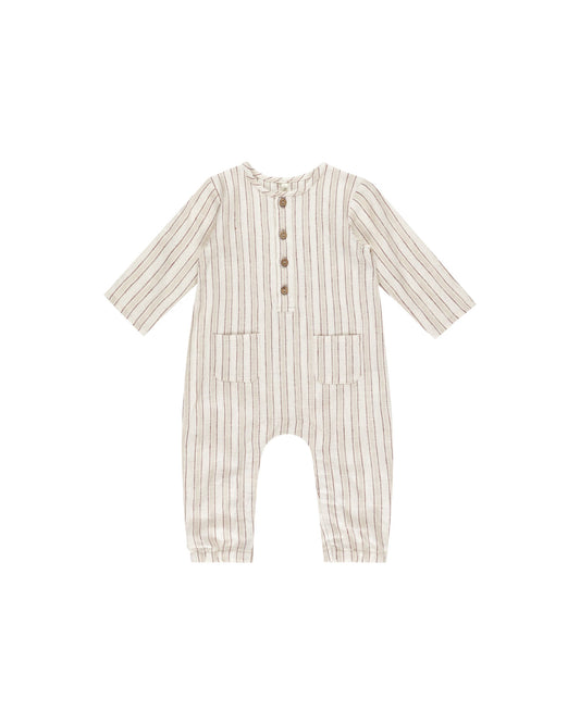 LONG SLEEVE WOVEN JUMPSUIT | STONE STRIPE