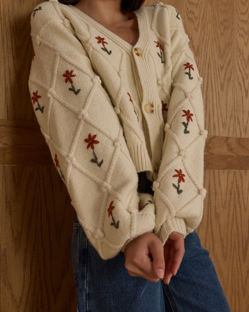 BOXY CROP CARDIGAN || WINTER DAISY EMROIDERY - TEEN
