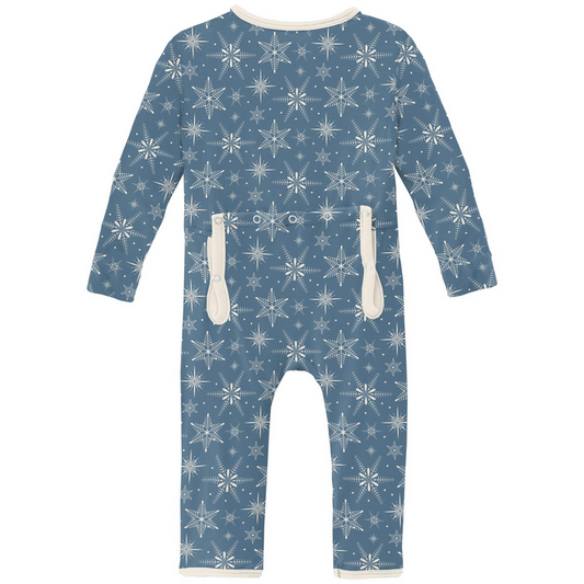 Print Coverall with 2 Way Zipper | Parisian Blue Snowflakes