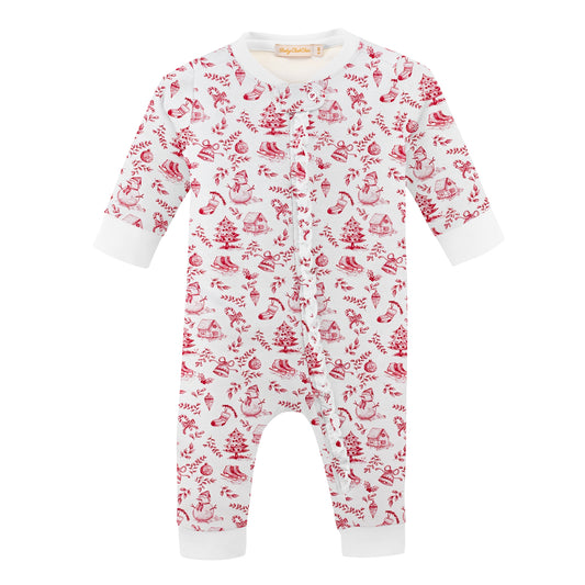 Girls Printed Zipper Coverall w/ Ruffles | Christmas Toile