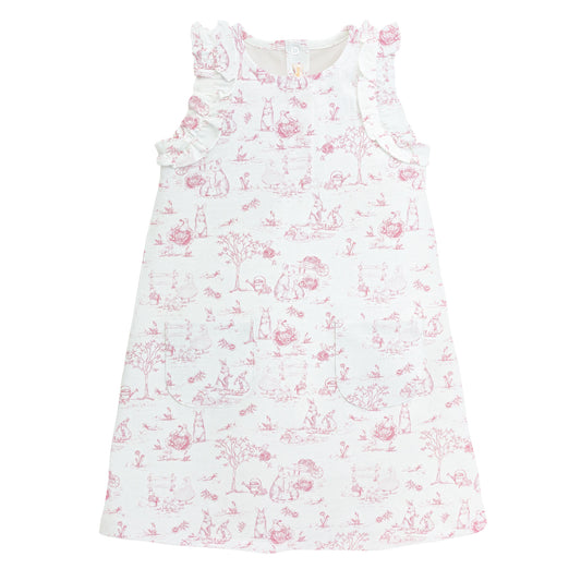 Printed Dress w/ Ruffles | Pink Toile Bunnies
