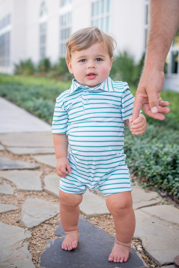 Polo Short Sleeve Romper | Emerald Stripe