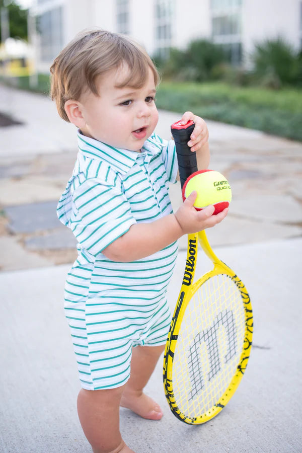 Polo Short Sleeve Romper | Emerald Stripe