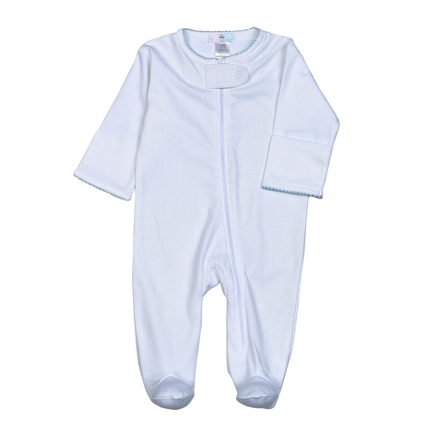 White Zipper Footie Blue Picot Trim