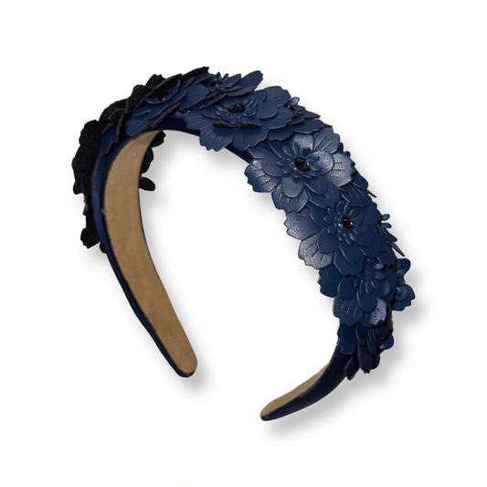 Leather Floral Headband with Stones | Navy