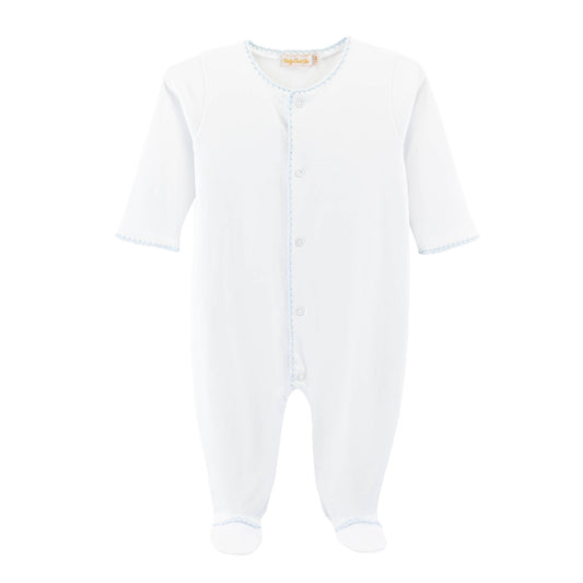 Crochet Trim Footie | White w/ Blue Trim