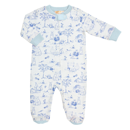 Print Zipped Footie | Blue Toile Bunnies