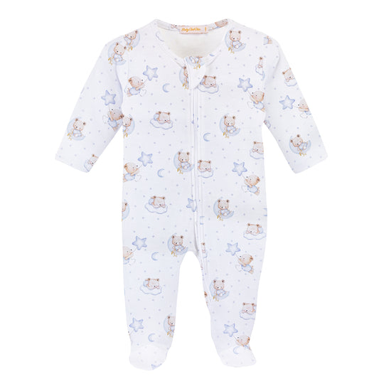 Printed Zippered Footie | Blue Sleep Tight Bear