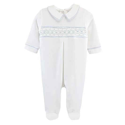 English Knot Smocked Collared Footie | White w/ Light Blue Trim