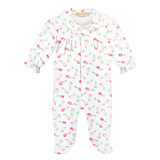 Printed Footie w/ Round Collar | Pink Baby Tulips