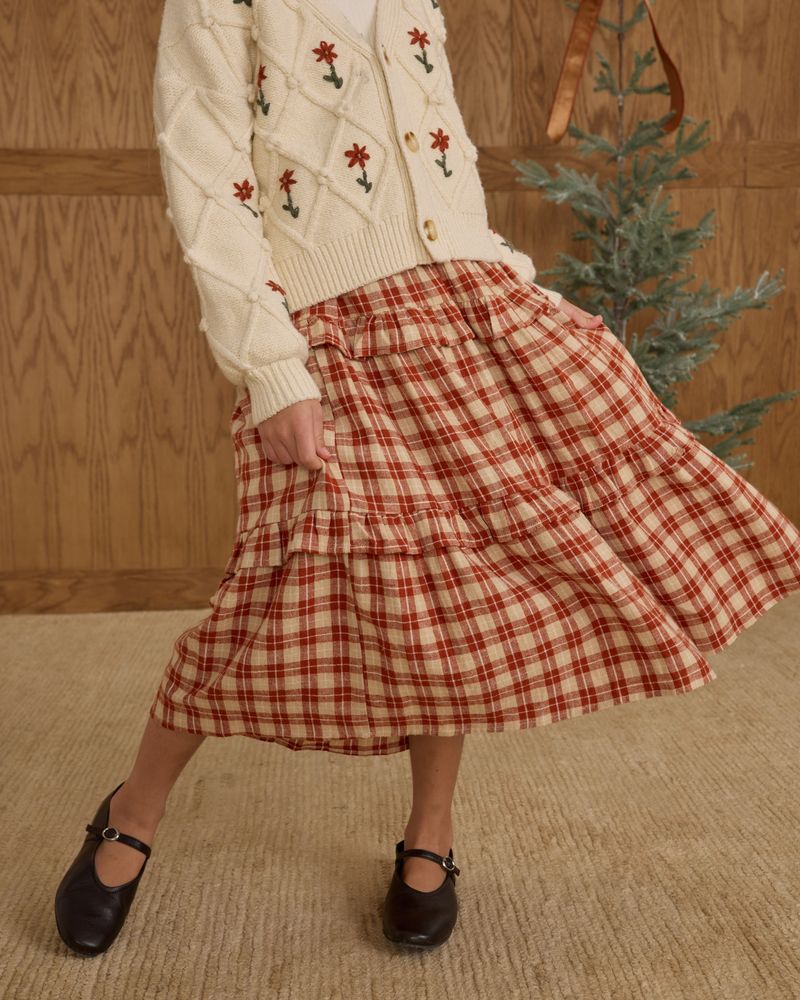 RUFFLED MIDI SKIRT || RED PLAID