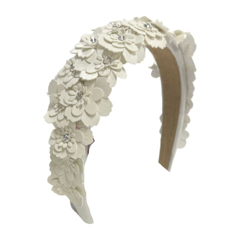 Leather Floral Headband with Stones | White