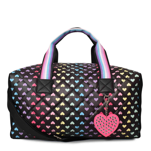 Heart-Printed Large Duffle Bag with Heart Keychain